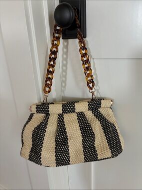 NWOT Black & Cream Striped Woven Shoulder Bag with Tortoiseshell Chain